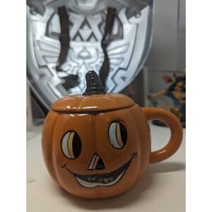 Transpac Halloween Pumpkin Mug With Topper/Lid New No Box‎ Or Tag